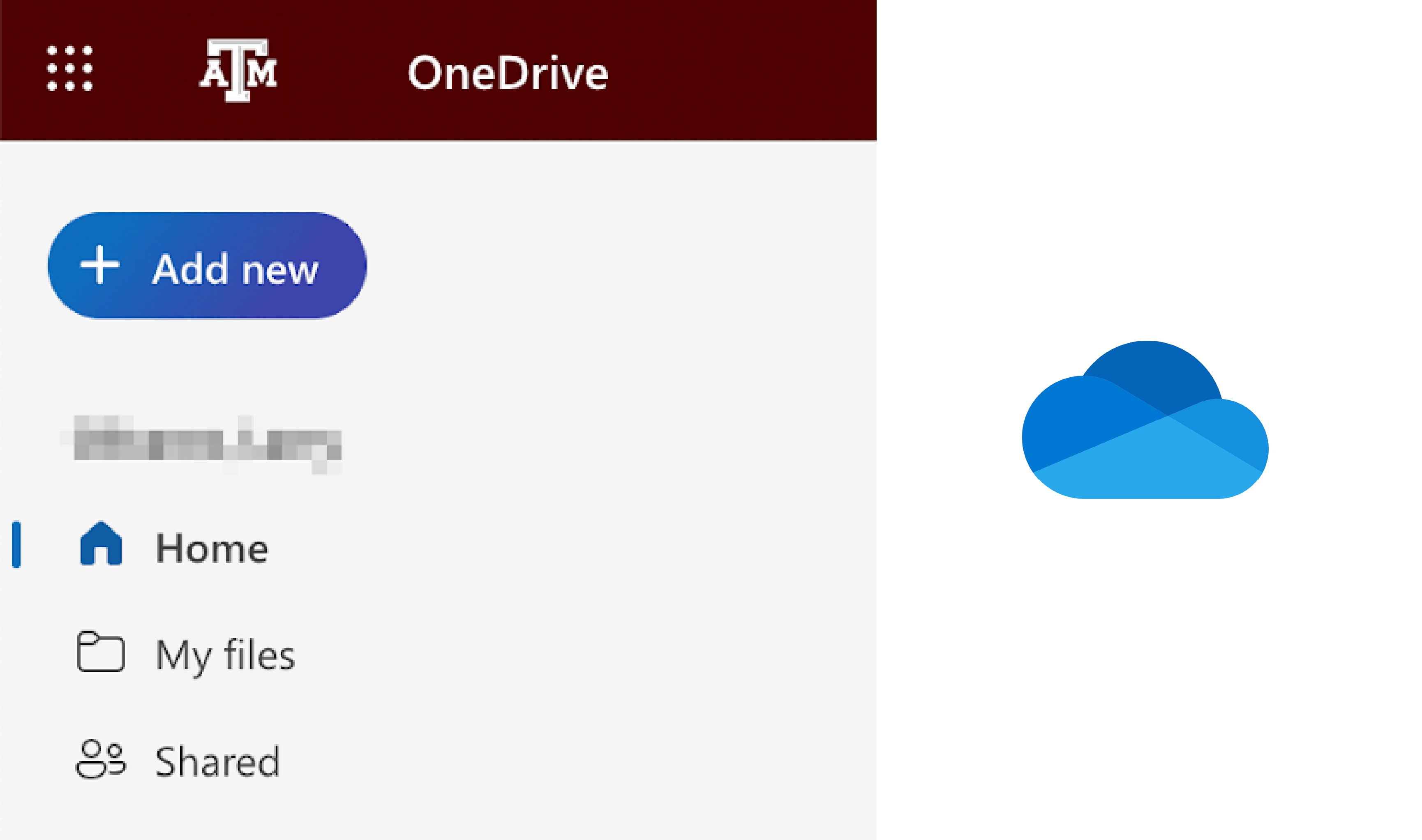 OneDrive interface showcasing the Texas A&M logo and cloud storage logo on a white background.