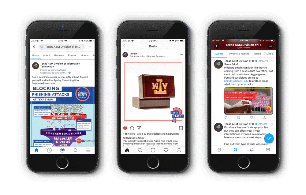Posts on Facebook, Instagram, and Twitter.