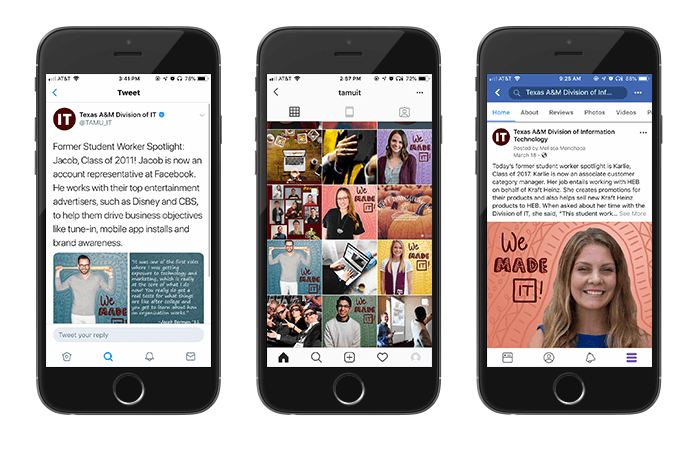 A series of social media posts with photographs of past student workers and quotes about working for the Division of IT.